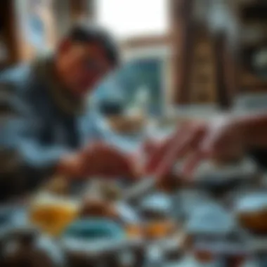 Artisan's Care in Selection An artisan carefully selecting raw stones from a collection, showcasing dedication to quality