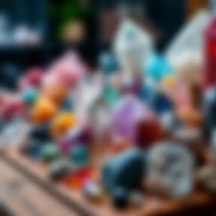 Dazzling Crystals Display A variety of colorful crystals arranged aesthetically on a wooden surface