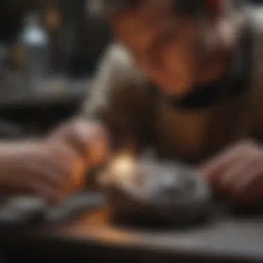 A close-up of a silversmith at work with molten silver