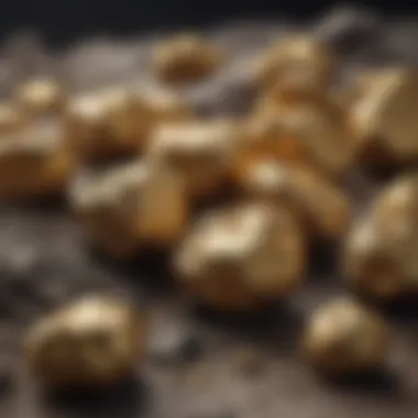 Close-up of gold nuggets in natural settings