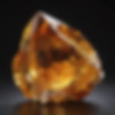 A close-up of a large citrine crystal showcasing its vibrant golden hue