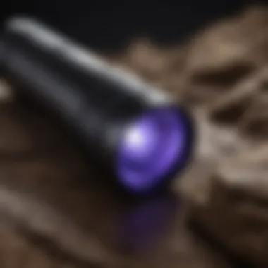 Black UV Flashlight in Action Close-up of a black UV flashlight emitting ultraviolet light