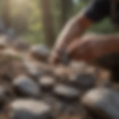 Close-up of a worker scrubbing landscape rocks