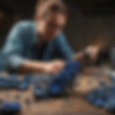 Collector examining a selection of azurite specimens for valuation.