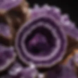 A close-up view of a natural amethyst geode showcasing its vibrant purple crystals