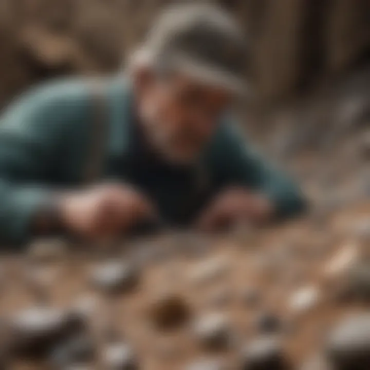 Close-up view of a geologist using tools to identify minerals