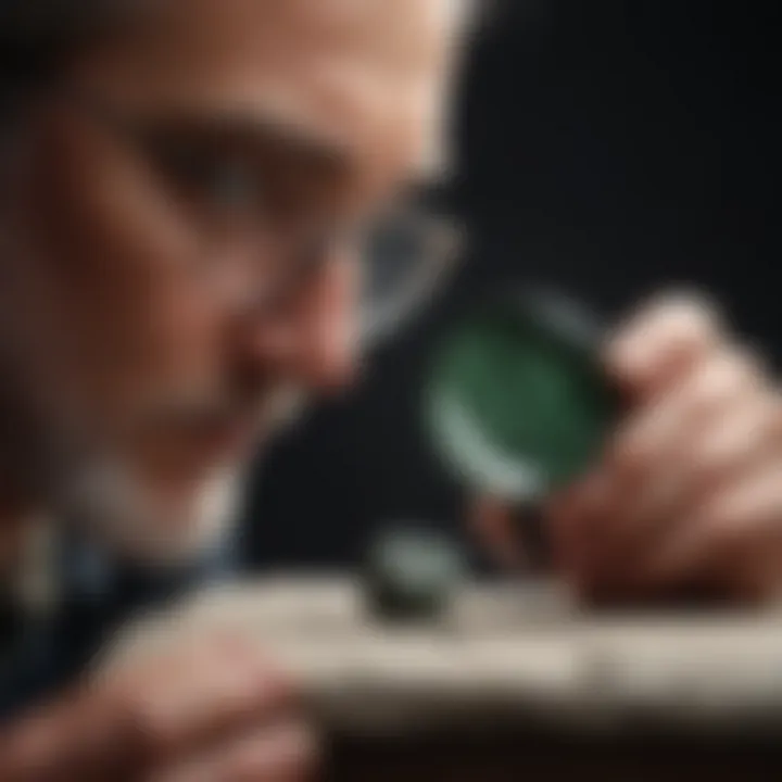 A collector examining a green stone with a magnifying glass, emphasizing the details and characteristics.