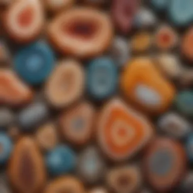 Close-up view of various agate stones showcasing unique patterns and colors.