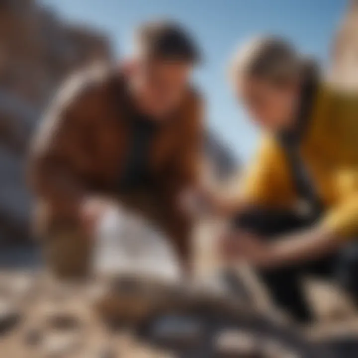 A geologist examining a crystal specimen in a natural setting.