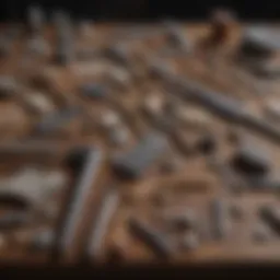 A collection of essential geological tools laid out on a wooden table