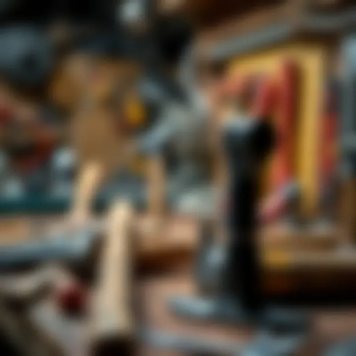 Variety of Hammers on Workbench Different types of hammers displayed on a workbench