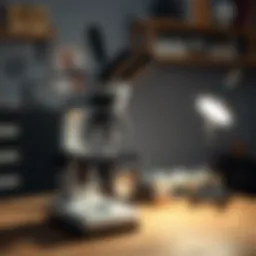 A high-quality student microscope on a wooden desk