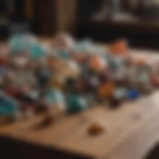 A close-up view of various mineral specimens displayed on a wooden table.