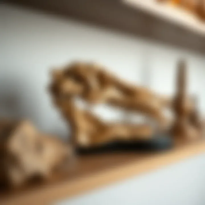 Fossilized Dinosaur Bone as Artistic Shelf Display A close-up of a fossilized dinosaur bone artfully arranged on a sleek shelf