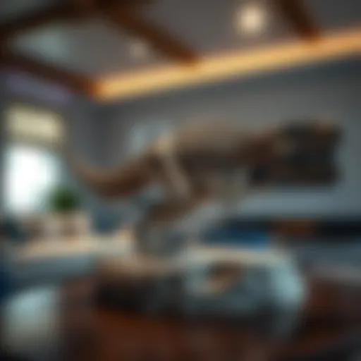 Intricate dinosaur fossil replica displayed as a centerpiece in a modern living room