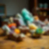 A collection of colorful minerals displayed on a wooden table