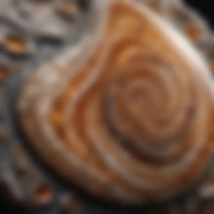 A close-up view of a polished fossil gemstone revealing intricate patterns