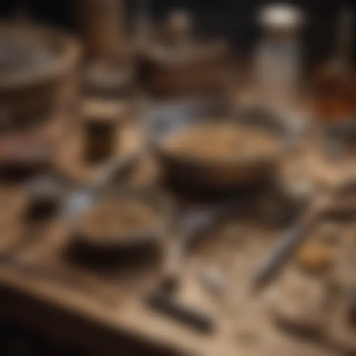 Various tools used for gold panning displayed on a wooden table