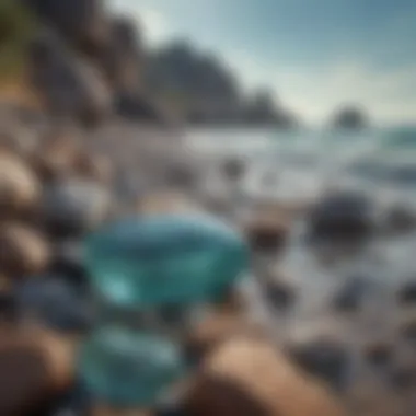 A serene natural landscape featuring water and aqua colored stones along the shoreline, encapsulating their essence.