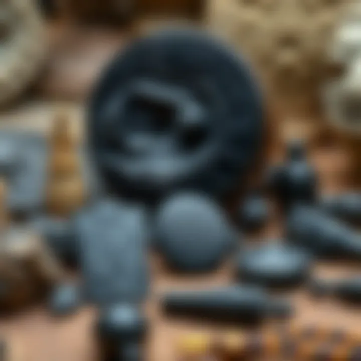 Cultural artifacts made from black obsidian displayed artistically