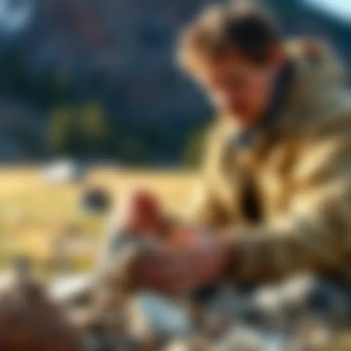 Expert identifying geological specimens in the field