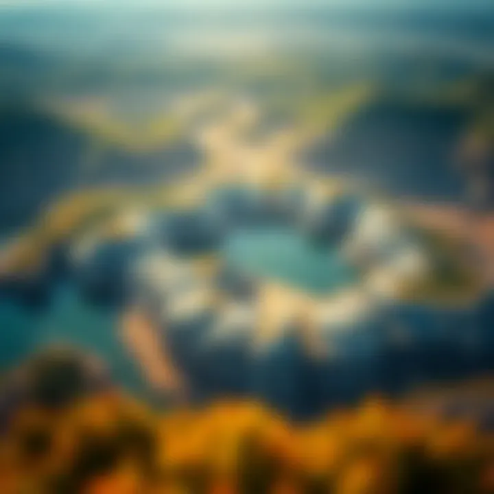 An aerial view of a crystal mining site surrounded by lush landscapes