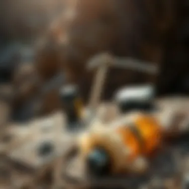 Tools and equipment used for crystal extraction displayed on a natural surface