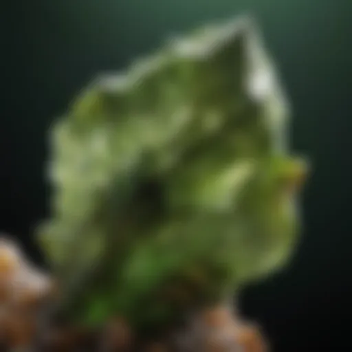 A close-up view of a translucent green crystal resembling moldavite, showcasing its unique texture.