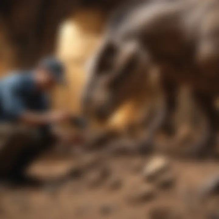 Paleontologist examining a dinosaur fossil in situ