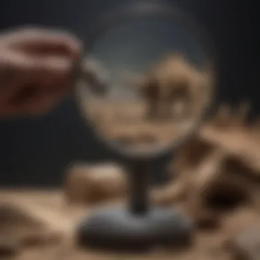 A magnifying glass over a dinosaur fossil for authenticity checking