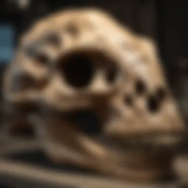 Dinosaur Skull Replicas in Museum Exhibit An educational exhibit displaying dinosaur skull replicas in a museum setting