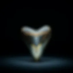 Magnificent 5-inch megalodon tooth displayed on a dark background