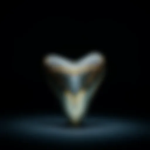 Magnificent 5-inch megalodon tooth displayed on a dark background