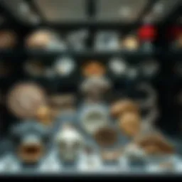 A beautifully arranged fossil display stand showcasing various specimens