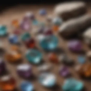 Close-up of gemstones with identification tools