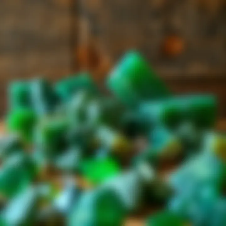 Diversity of Green Minerals An array of different green minerals displayed artistically on a wooden background.