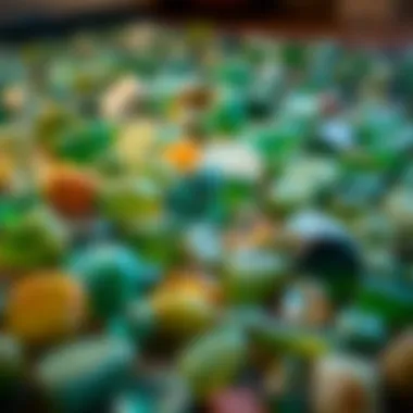 An array of green semi-precious stones laid out for display