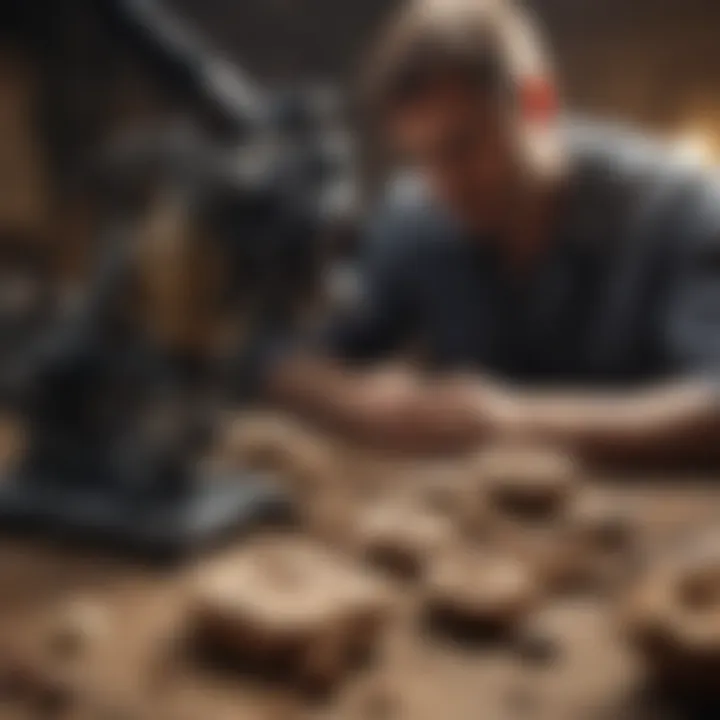 A researcher examining fossil specimens under a microscope