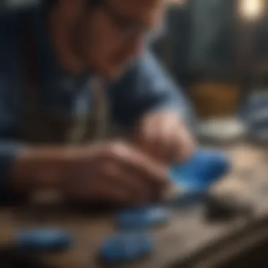 Artisan working meticulously on a kyanite cabochon cut