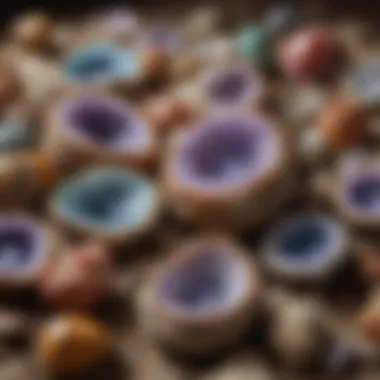 Diverse Geodes: A Collector's Treasure A collection of various large geodes displayed for sale.