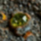 Close-up view of pallasite peridot embedded in meteorite matrix