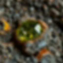 Close-up view of pallasite peridot embedded in meteorite matrix