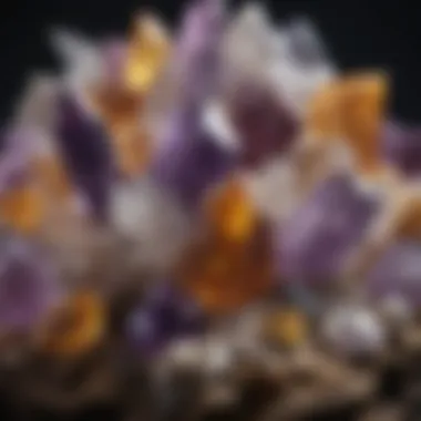 Dazzling Collection of Crystals A stunning display of various crystals including amethyst, quartz, and citrine