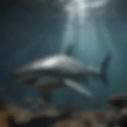 An artistic rendering of a prehistoric shark swimming in a prehistoric ocean.