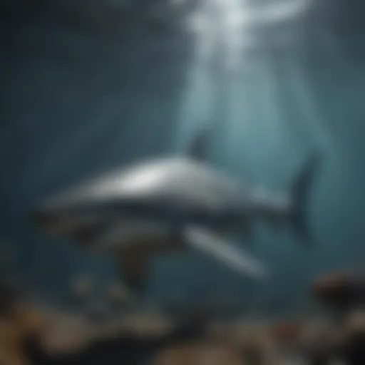 An artistic rendering of a prehistoric shark swimming in a prehistoric ocean.