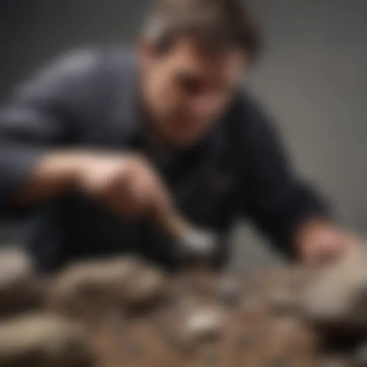 A collector examining a rock specimen, holding a rock hammer