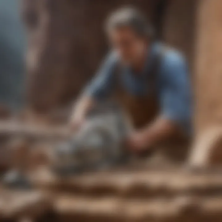 A geologist examining fossils with a rock saw