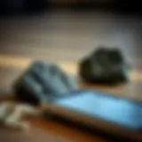Close-up view of shungite stone with mobile device