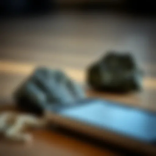 Close-up view of shungite stone with mobile device