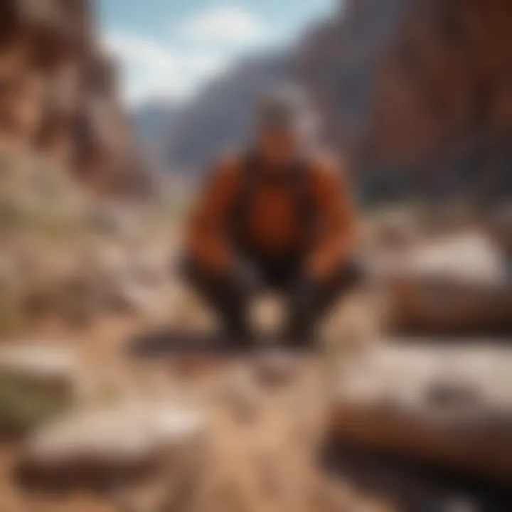 An outdoor scene showcasing a geologist examining rocks in a natural setting.